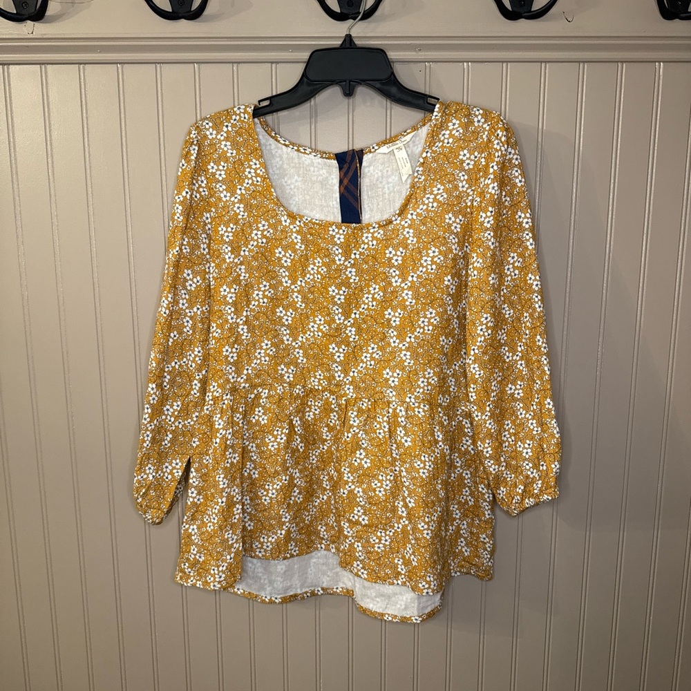 Matilda Jane Mustard Yellow Floral Peplum Blouse Medium Cotton